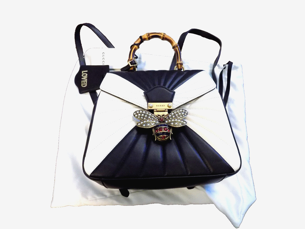 Gucci Queen Margaret Bee Leather Bamboo Top Handle Backpack Black White Quilted